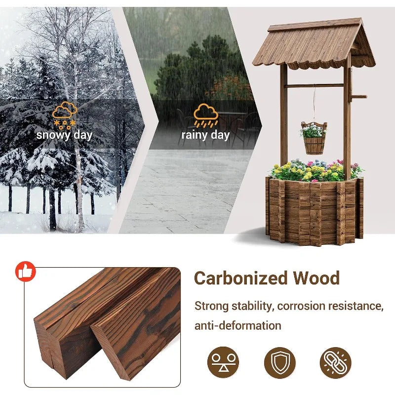 Wooden Wishing Well Planter, 4 Reinforced Rod & Hanging Bucket