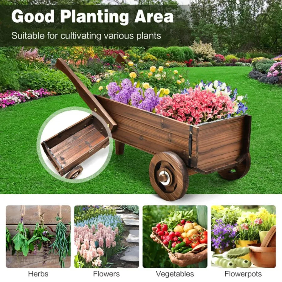 Wooden Wagon Planter Box with Wheels Handles, Drainage Hole
