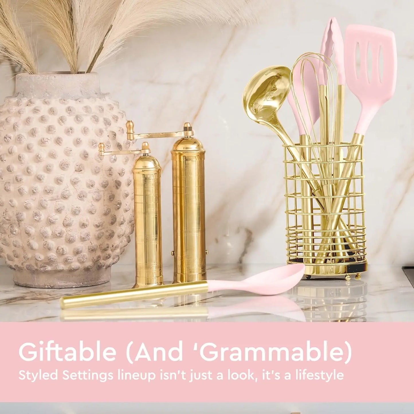Kitchen Utensils Set -17 PC Pink Silicone & Gold Cooking Utensils.