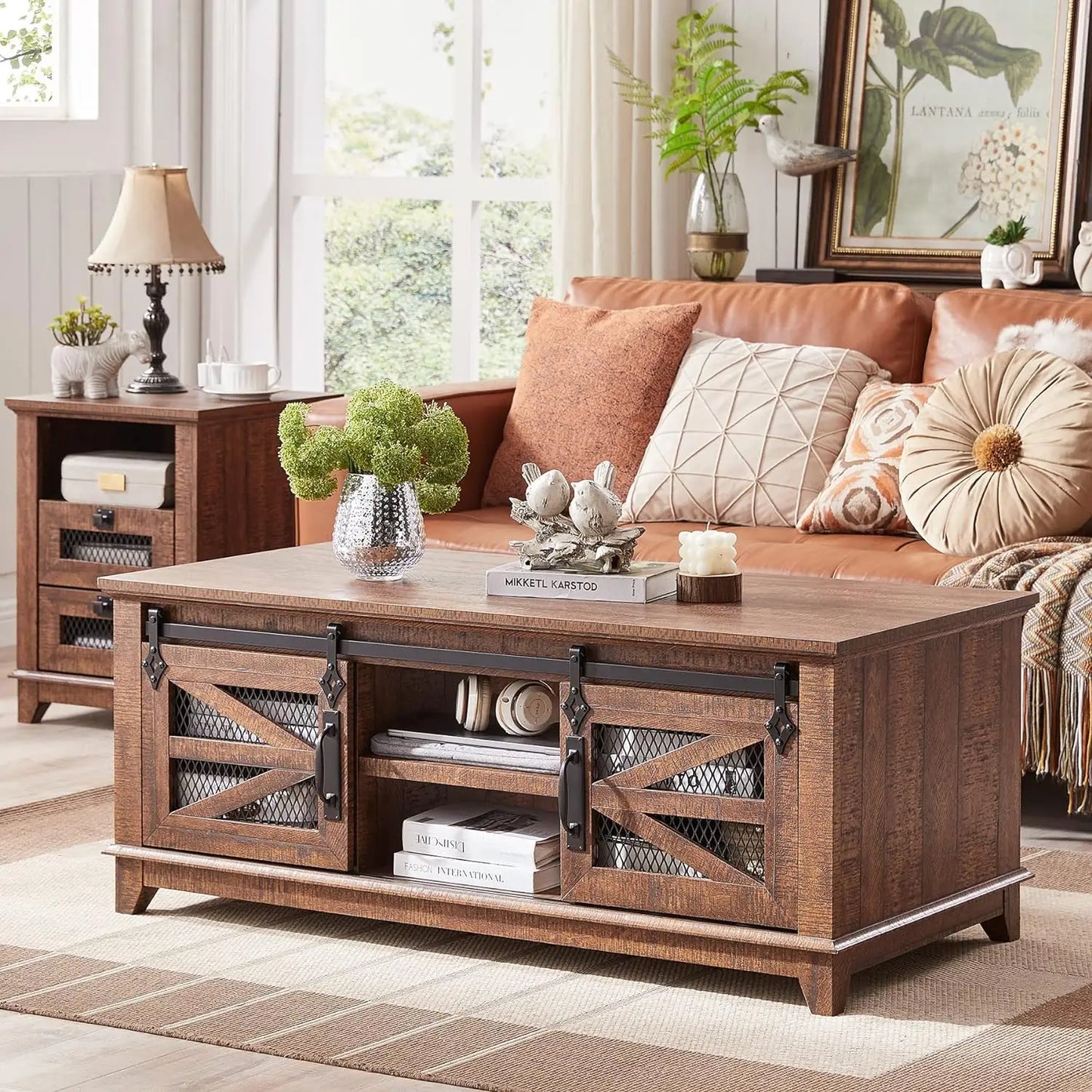 Coffee Table Storage & Sliding Barn Doors, Adjustable Shelves