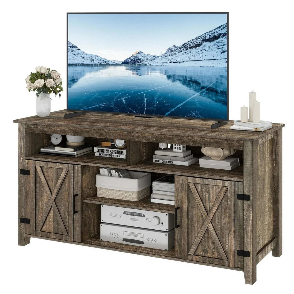 Rustic Brown Farmhouse TV Stand with Adjustable Shelves Barn Doors
