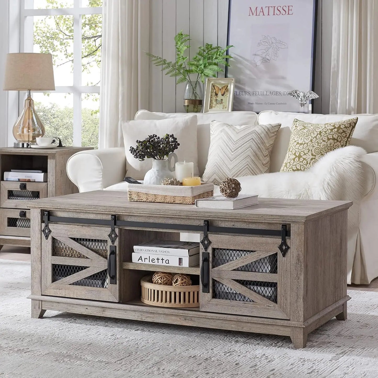 Coffee Table Storage & Sliding Barn Doors, Adjustable Shelves
