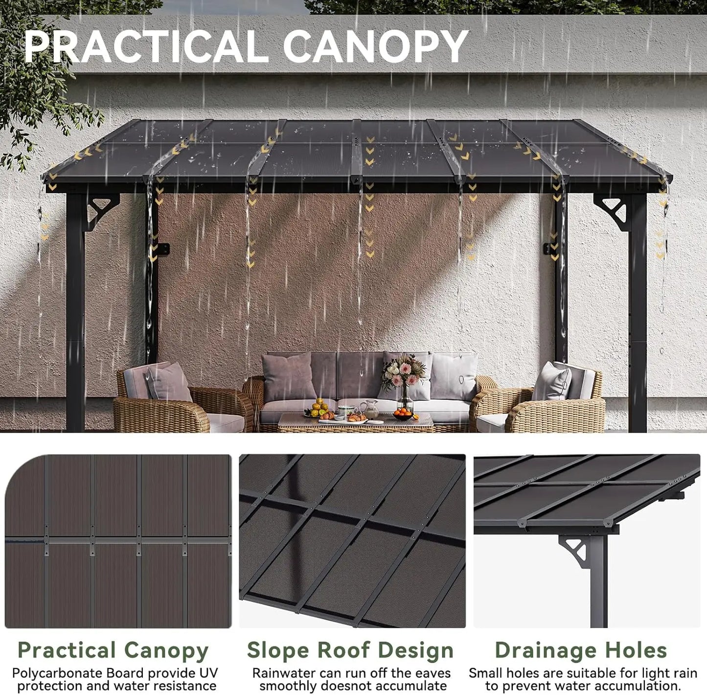 10' x 12'  Wall-Mounted Heavy Duty Awnings, for Backyard, Deck, Patio