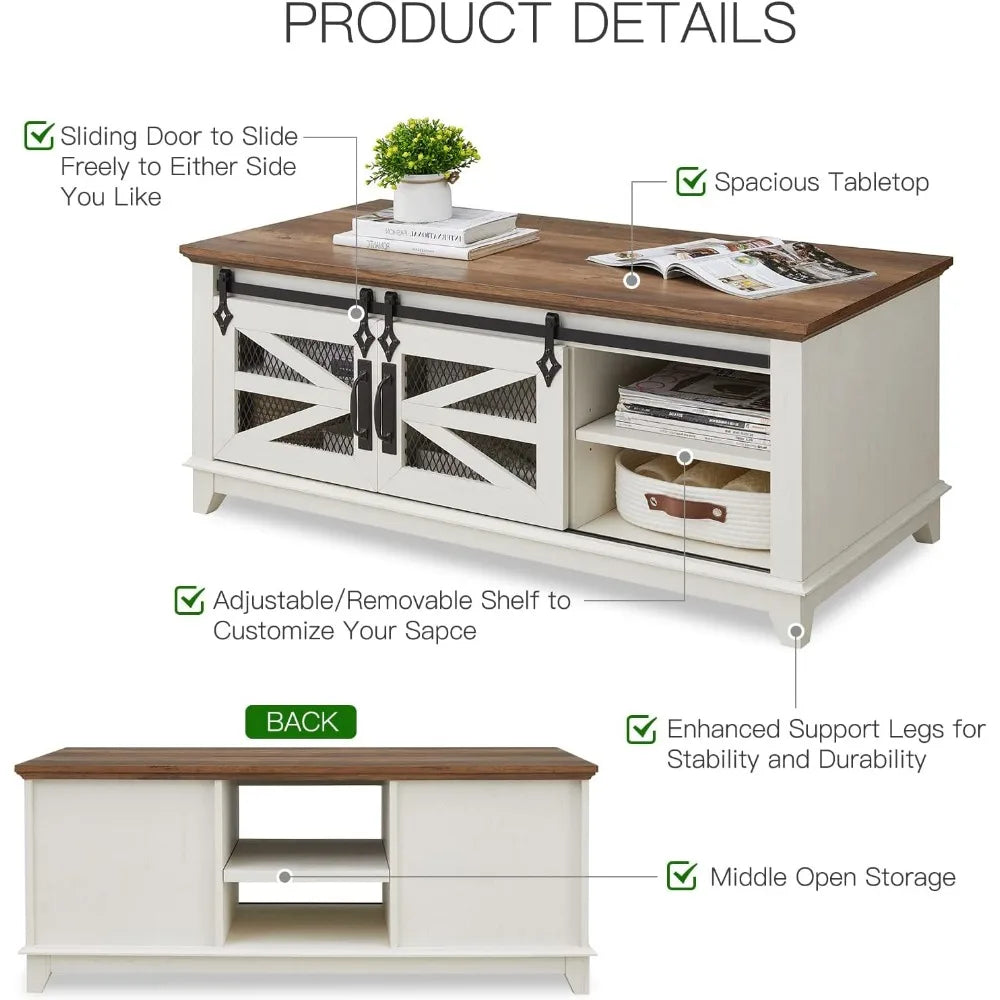 Coffee Table Storage & Sliding Barn Doors, Adjustable Shelves