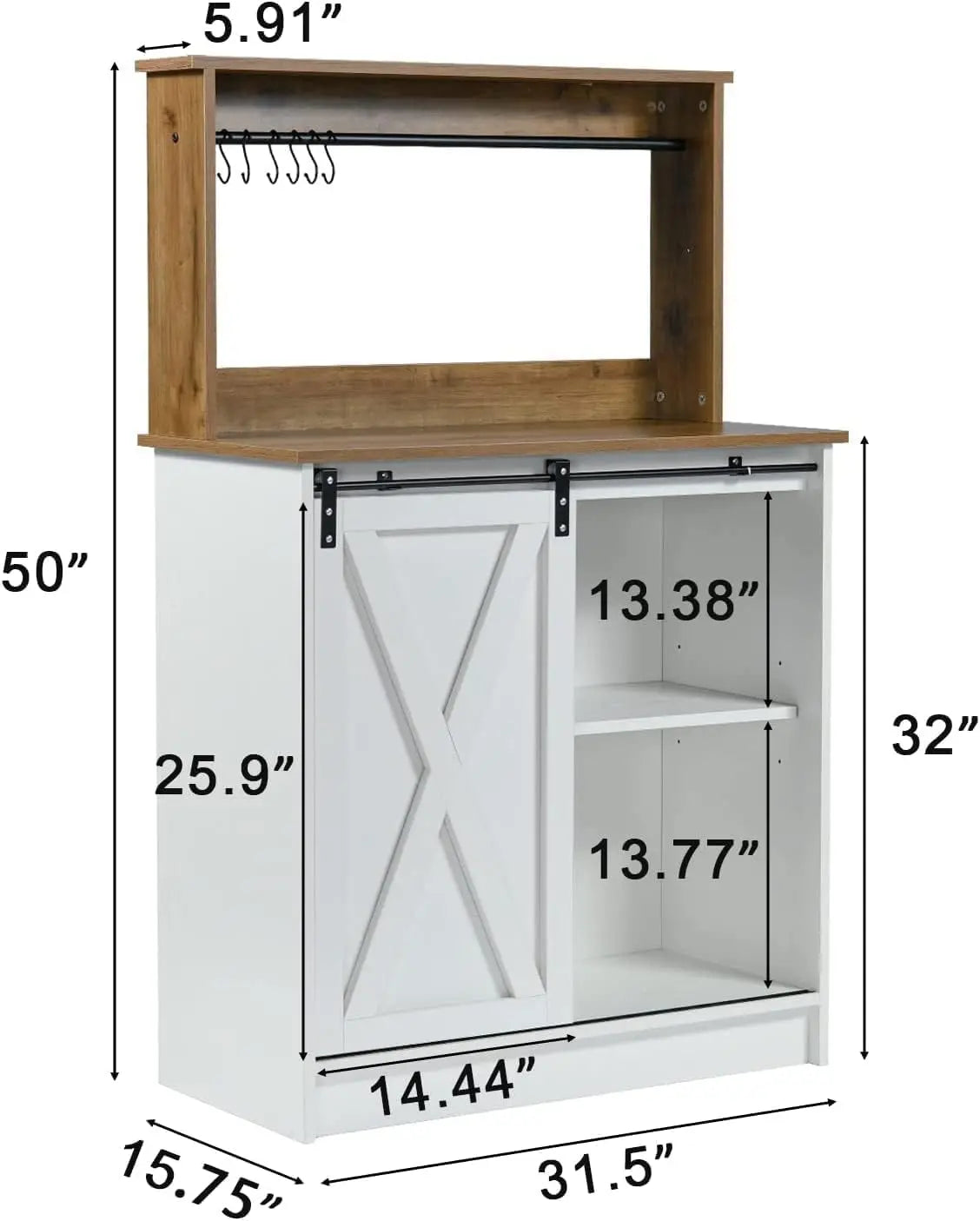 White Coffee Bar Hutch with Storage, and Sliding Barn Door.