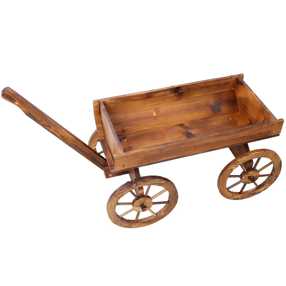 Wood Wagon Flower Planter Pot Stand W/Wheels Outdoor Decor