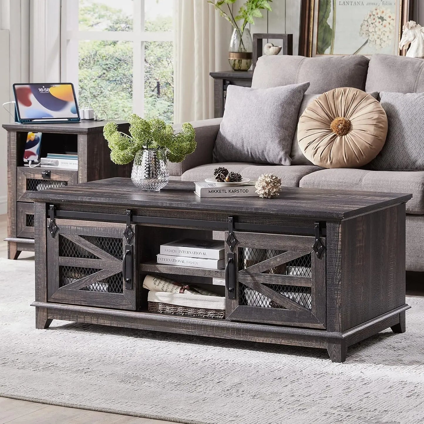 Coffee Table Storage & Sliding Barn Doors, Adjustable Shelves