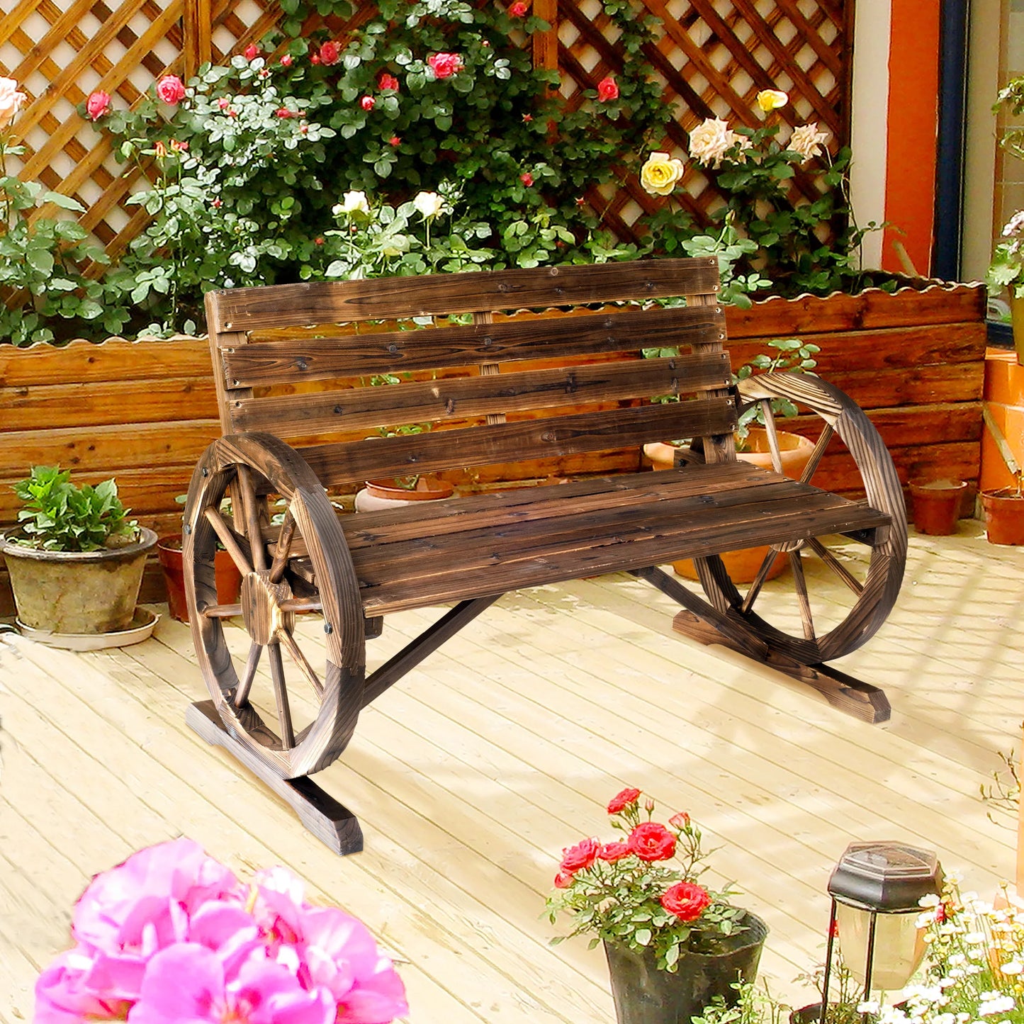 Wooden Wagon Wheel Bench, Chair Loveseat, and Carbonized