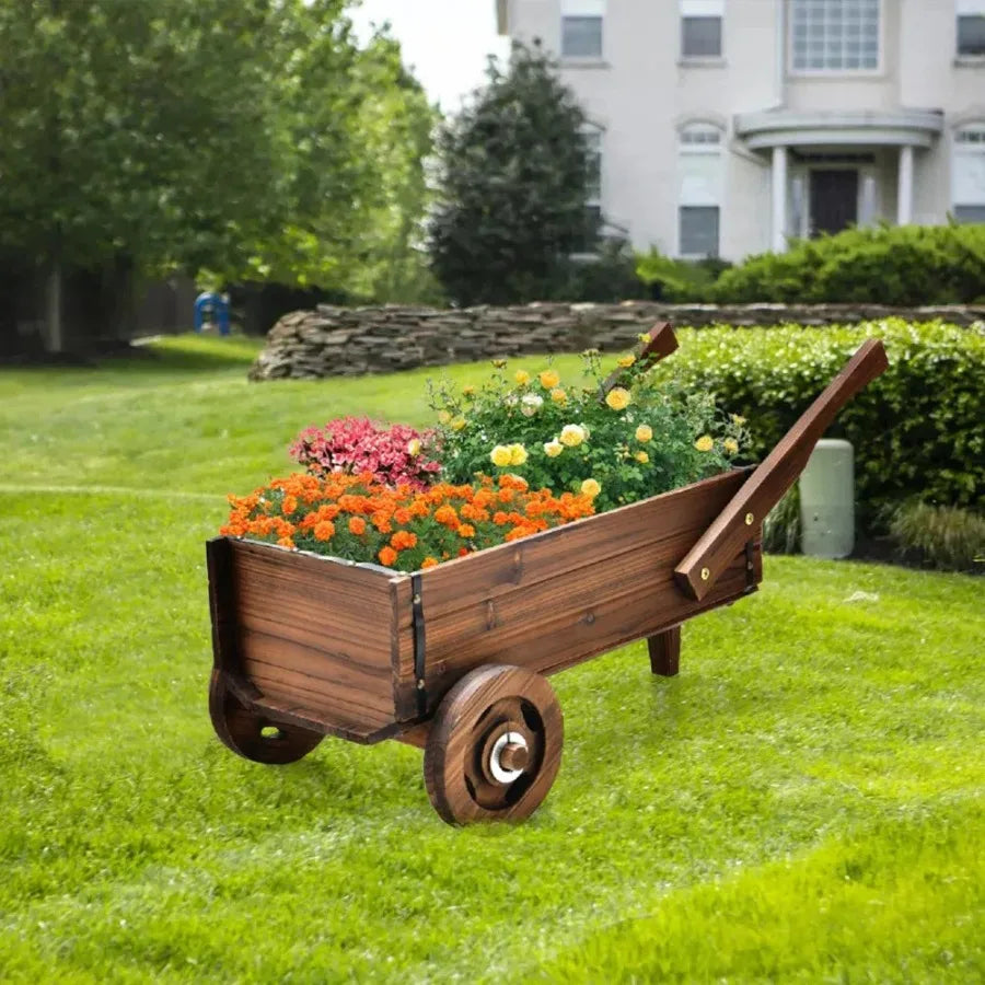 Wooden Wagon Planter Box with Wheels Handles, Drainage Hole