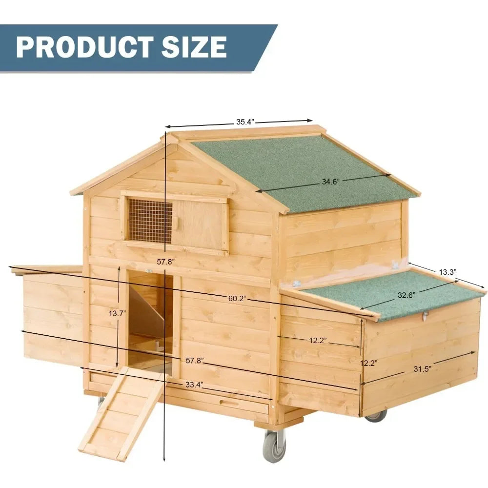 Large Chicken Coop with Wheels, Waterproof Outdoor Hen House
