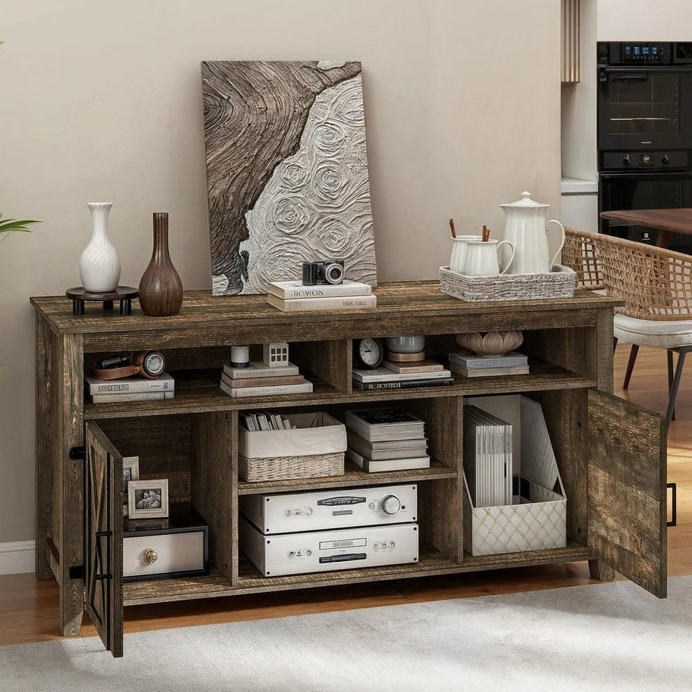 Rustic Brown Farmhouse TV Stand with Adjustable Shelves Barn Doors