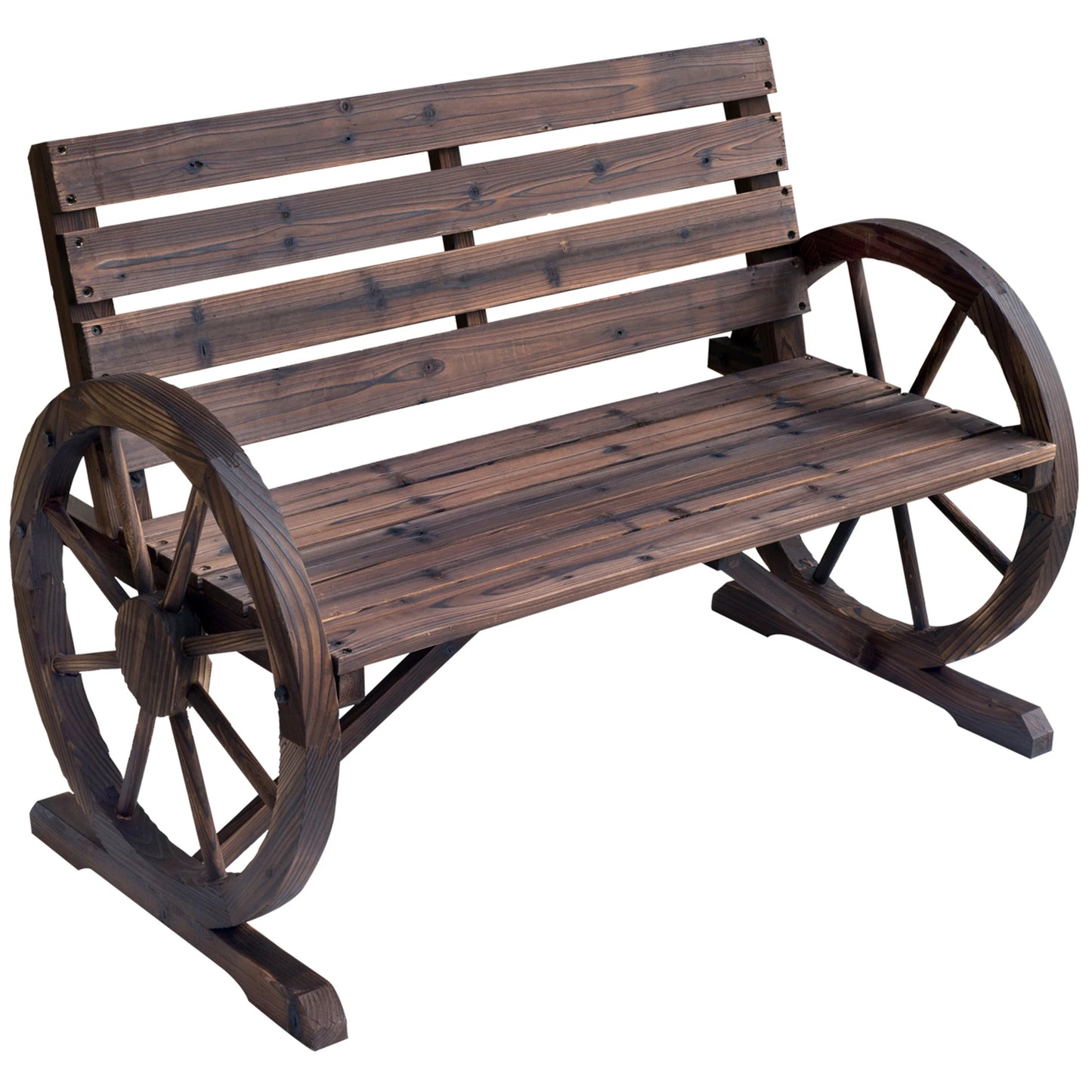 Wooden Wagon Wheel Bench, Chair Loveseat, and Carbonized