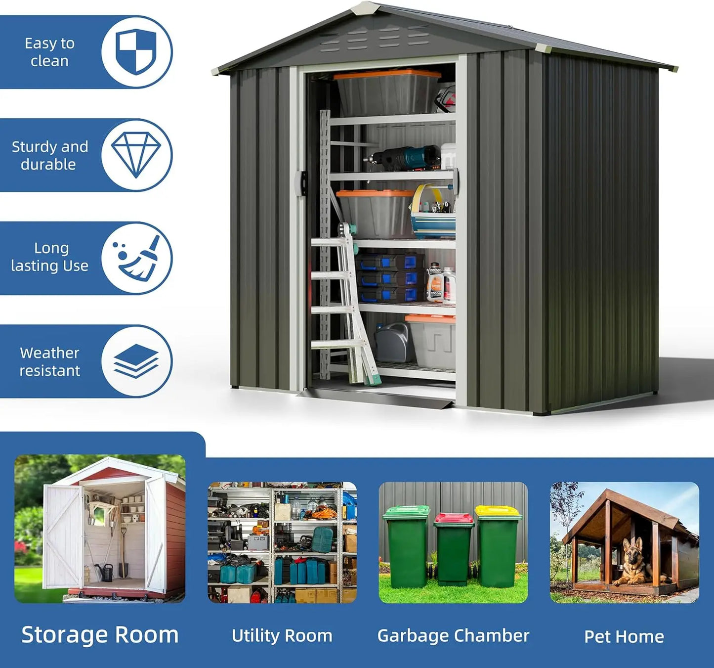 6x4 FT Outdoor Garden Storage Shed, Waterproof Double Door