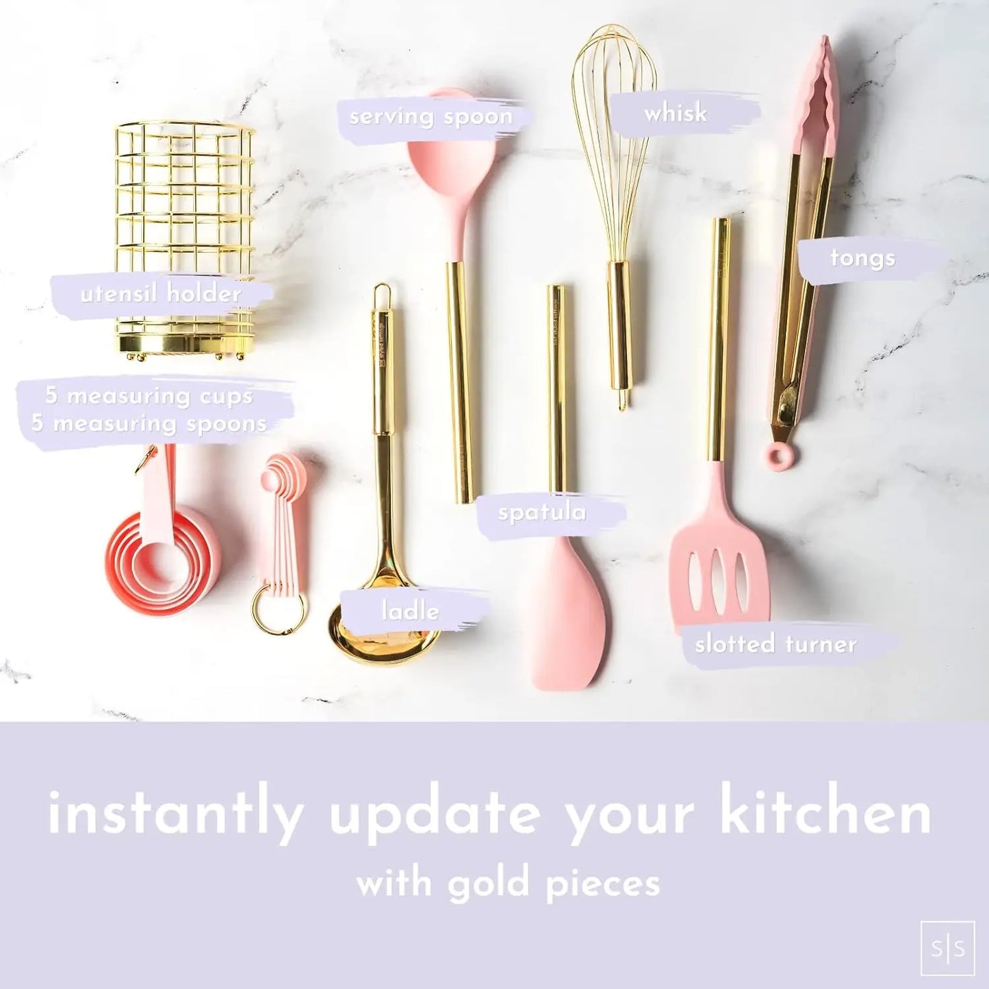 Kitchen Utensils Set -17 PC Pink Silicone & Gold Cooking Utensils.
