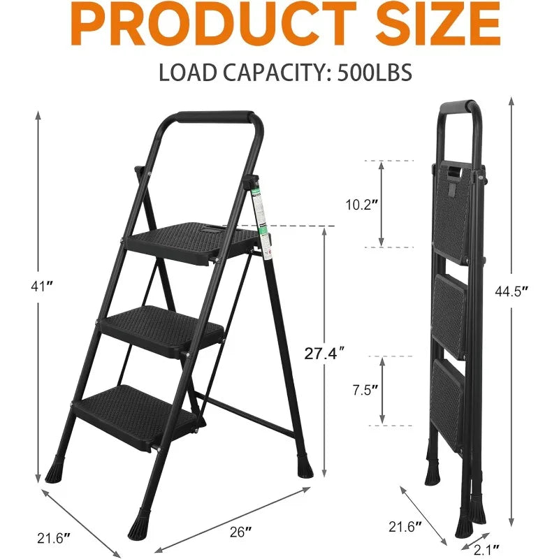 Wide Anti-Slip Pedal, 500lbs Sturdy Steel Ladder, Black