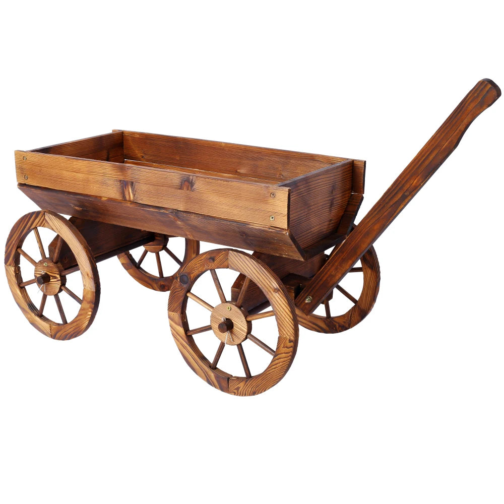 Wood Wagon Flower Planter Pot Stand W/Wheels Outdoor Decor
