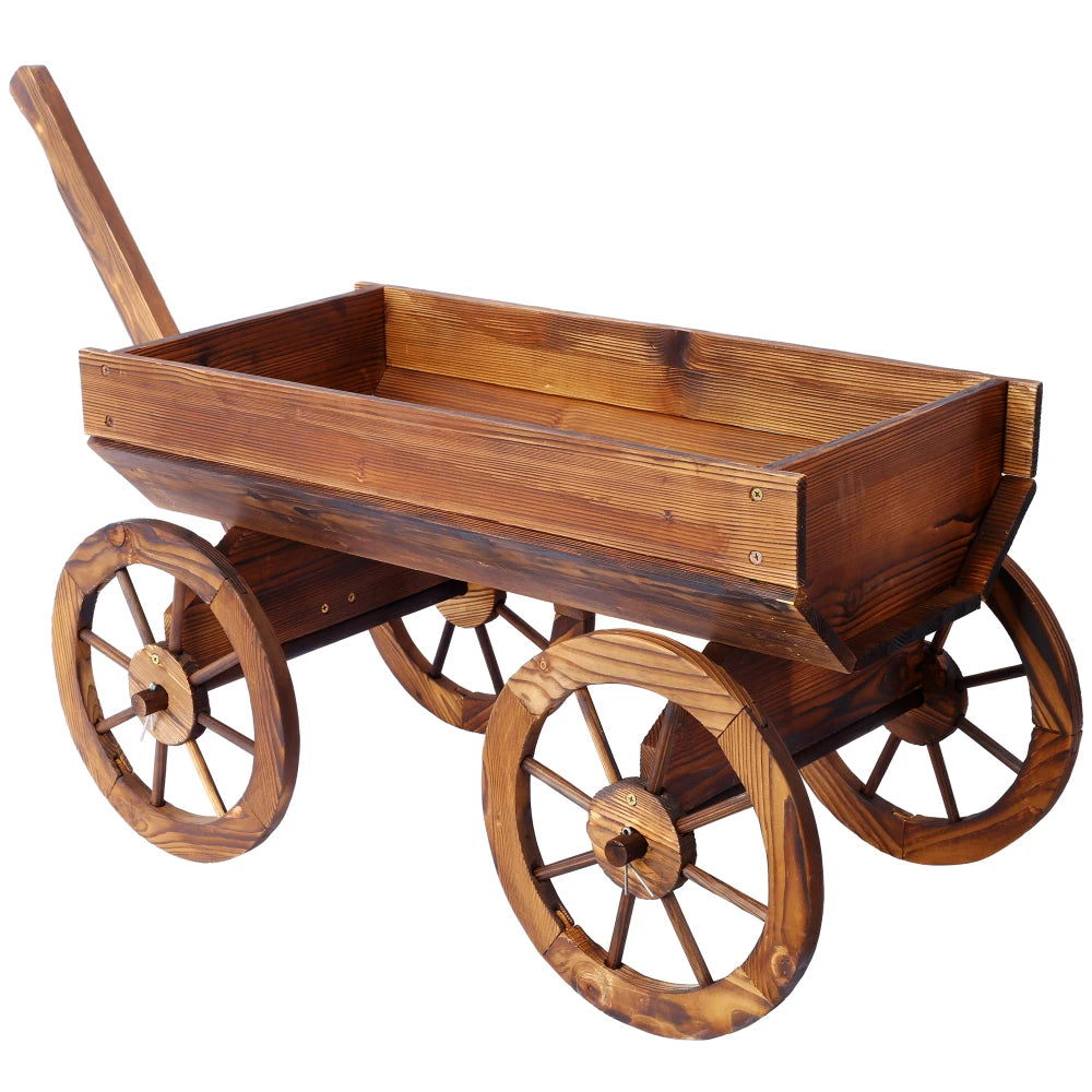 Wood Wagon Flower Planter Pot Stand W/Wheels Outdoor Decor