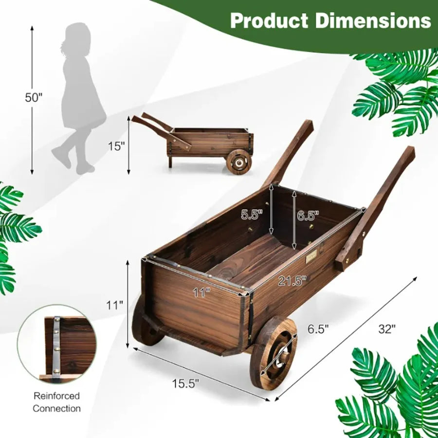 Wooden Wagon Planter Box with Wheels Handles, Drainage Hole