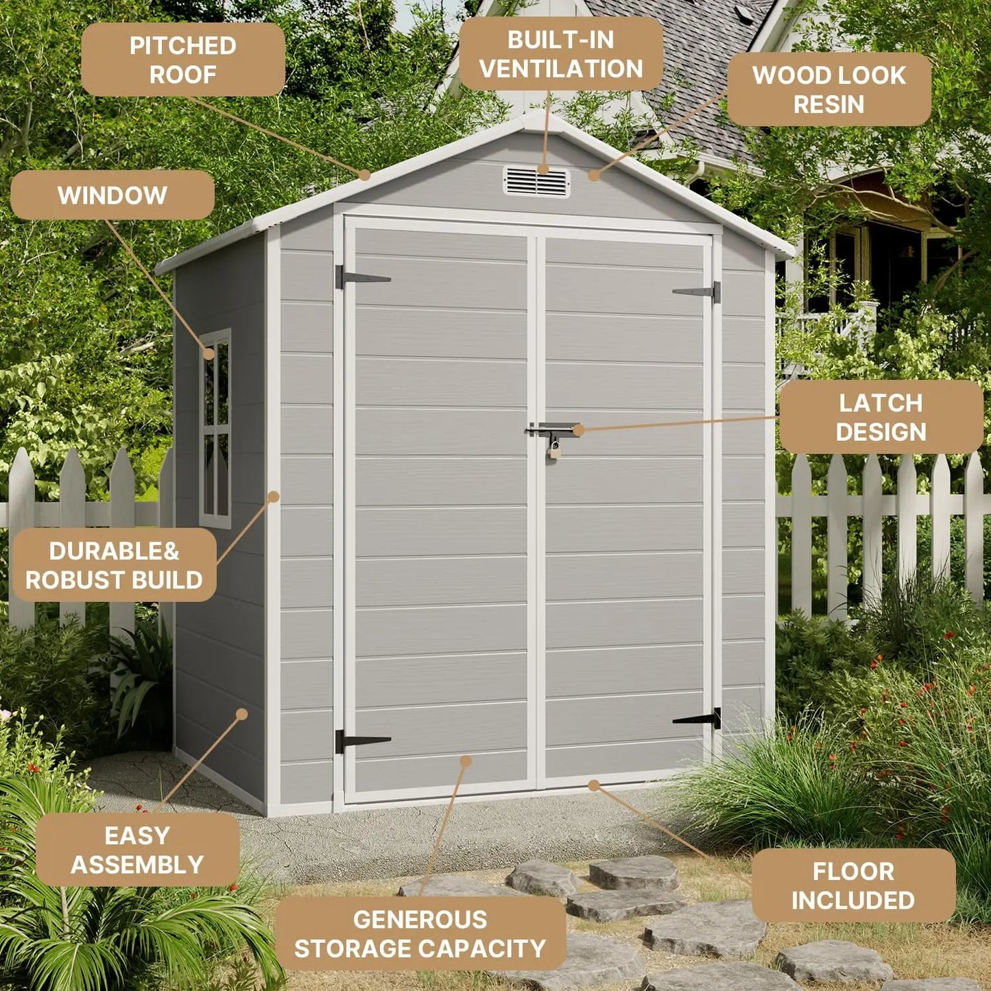 6x4.4 FT Plastic Outdoor Storage Shed. Lockable Door