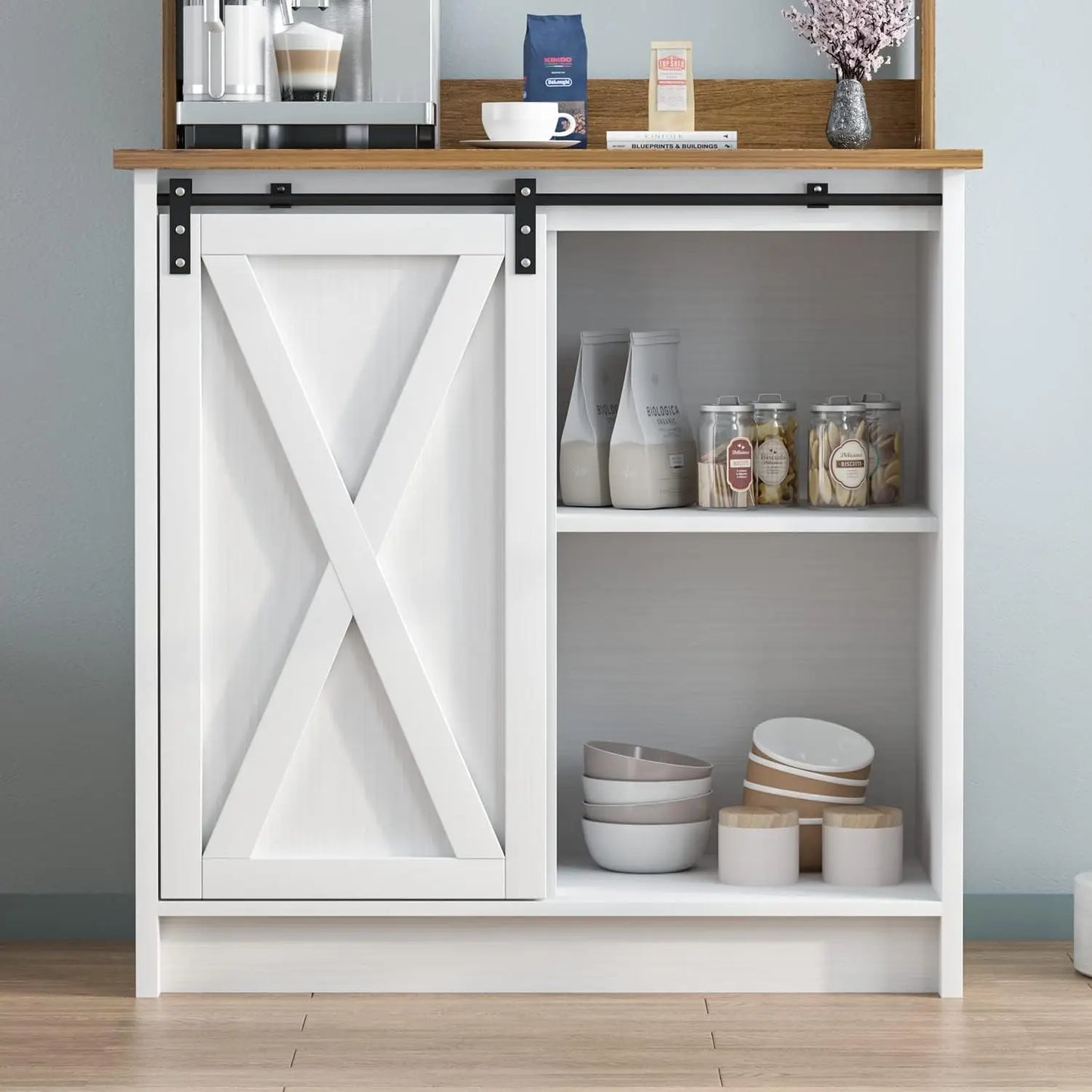 White Coffee Bar Hutch with Storage, and Sliding Barn Door.