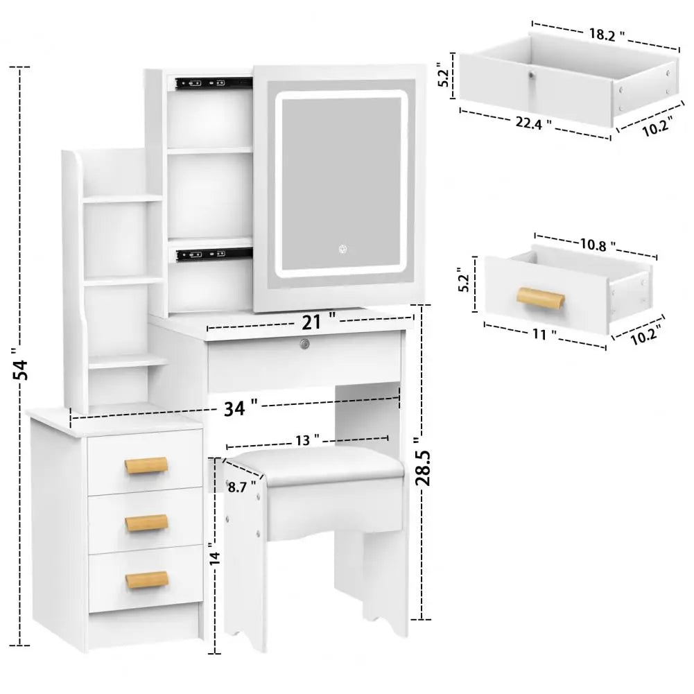 Makeup Vanity With Drawers Shelves With Sliding Mirror And Lights,