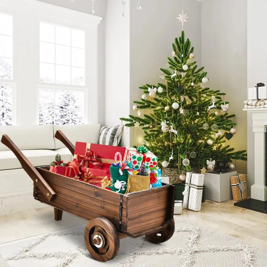 Wooden Wagon Planter Box with Wheels Handles, Drainage Hole
