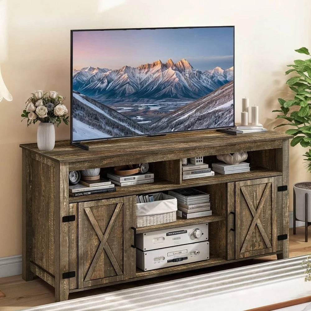 Rustic Brown Farmhouse TV Stand with Adjustable Shelves Barn Doors