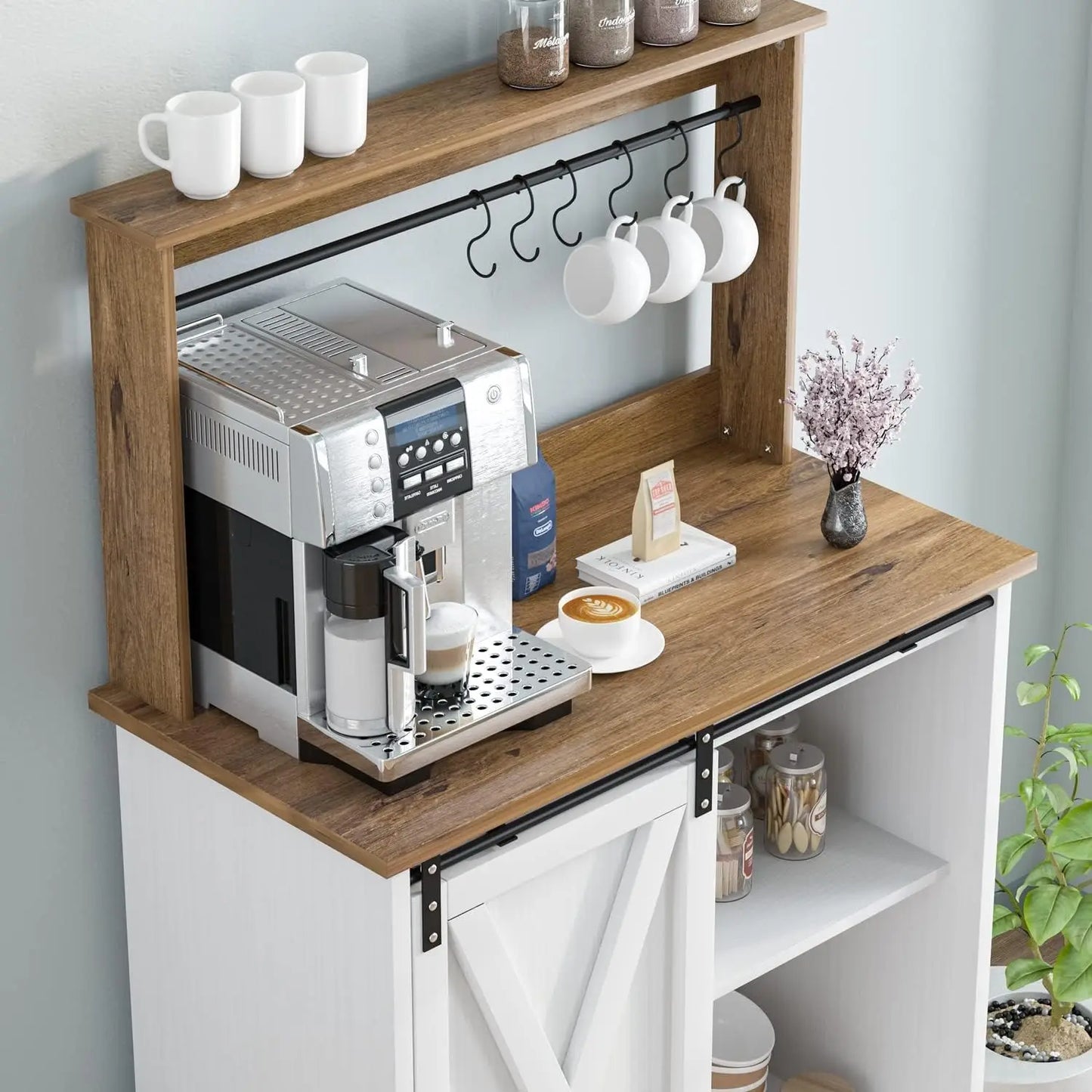 White Coffee Bar Hutch with Storage, and Sliding Barn Door.