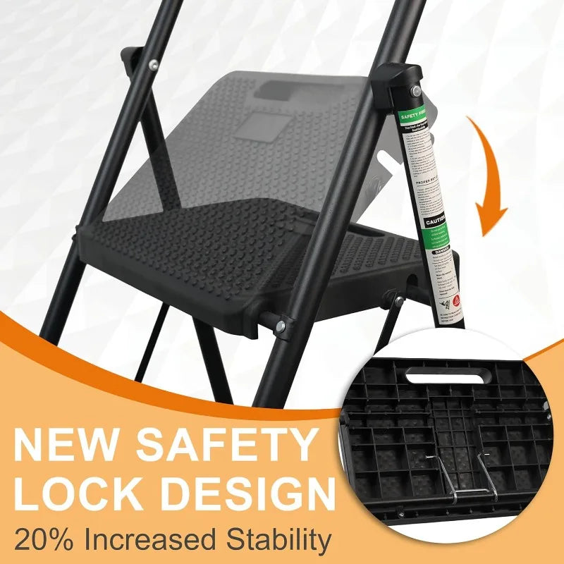 Wide Anti-Slip Pedal, 500lbs Sturdy Steel Ladder, Black