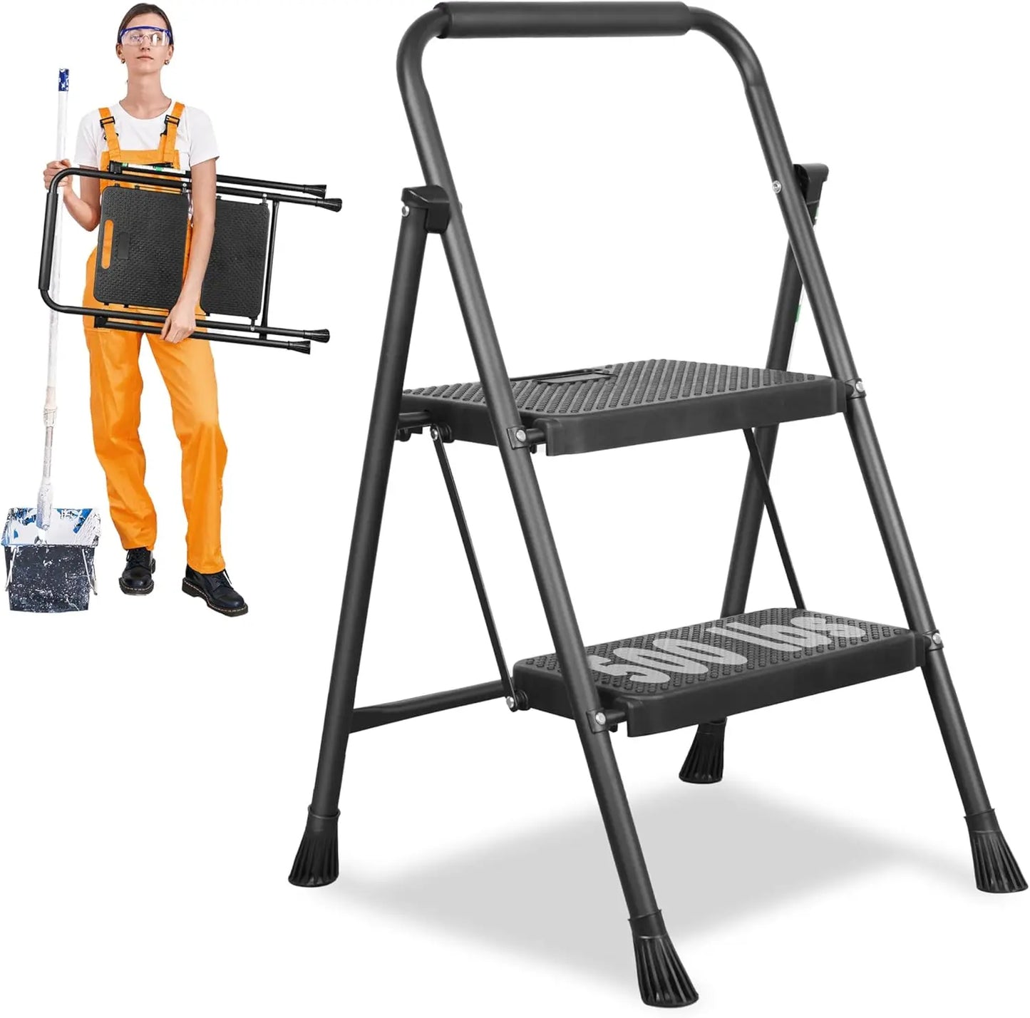 Wide Anti-Slip Pedal, 500lbs Sturdy Steel Ladder, Black