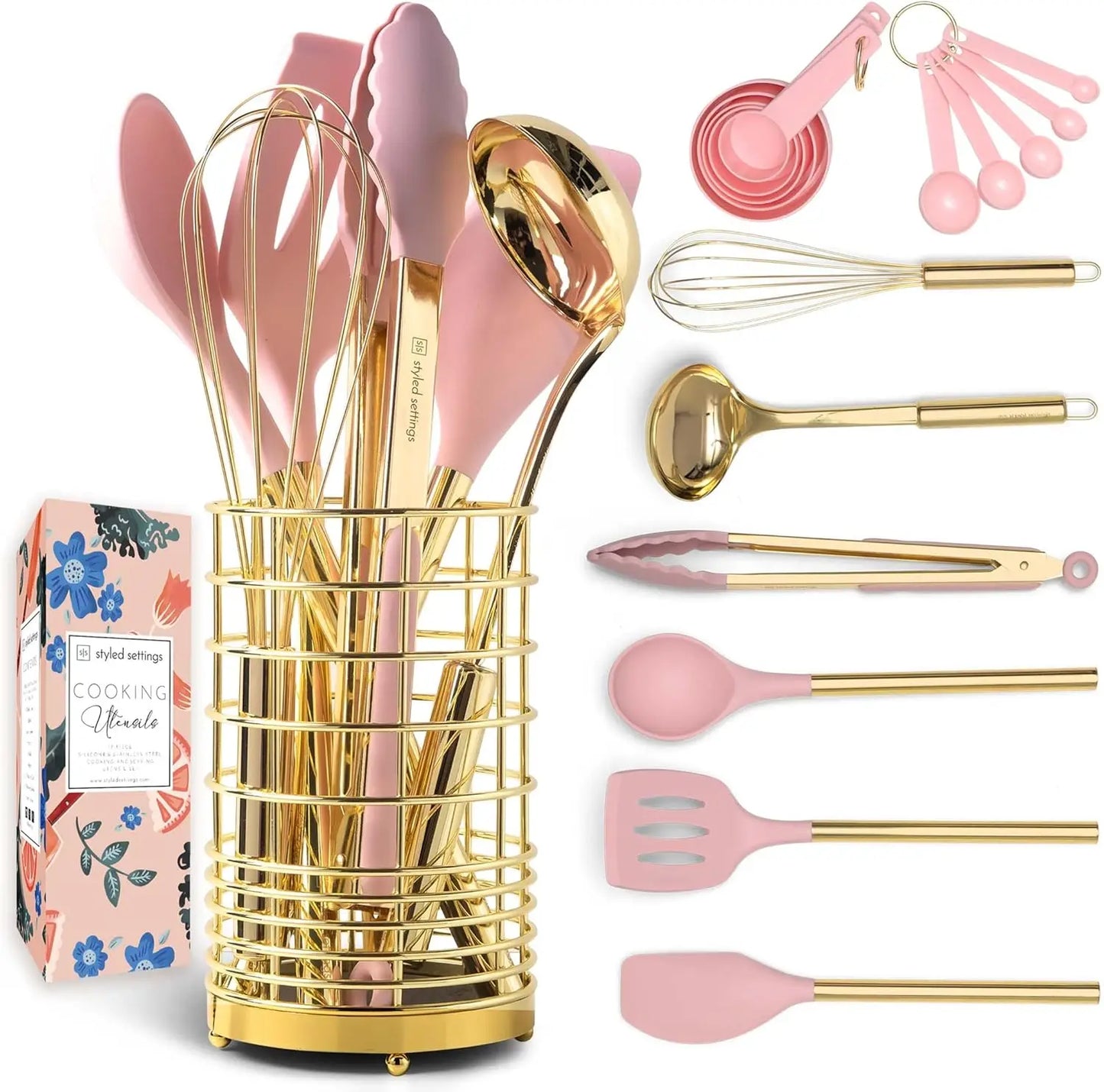 Kitchen Utensils Set -17 PC Pink Silicone & Gold Cooking Utensils.