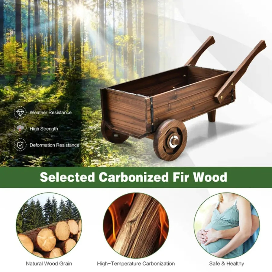 Wooden Wagon Planter Box with Wheels Handles, Drainage Hole