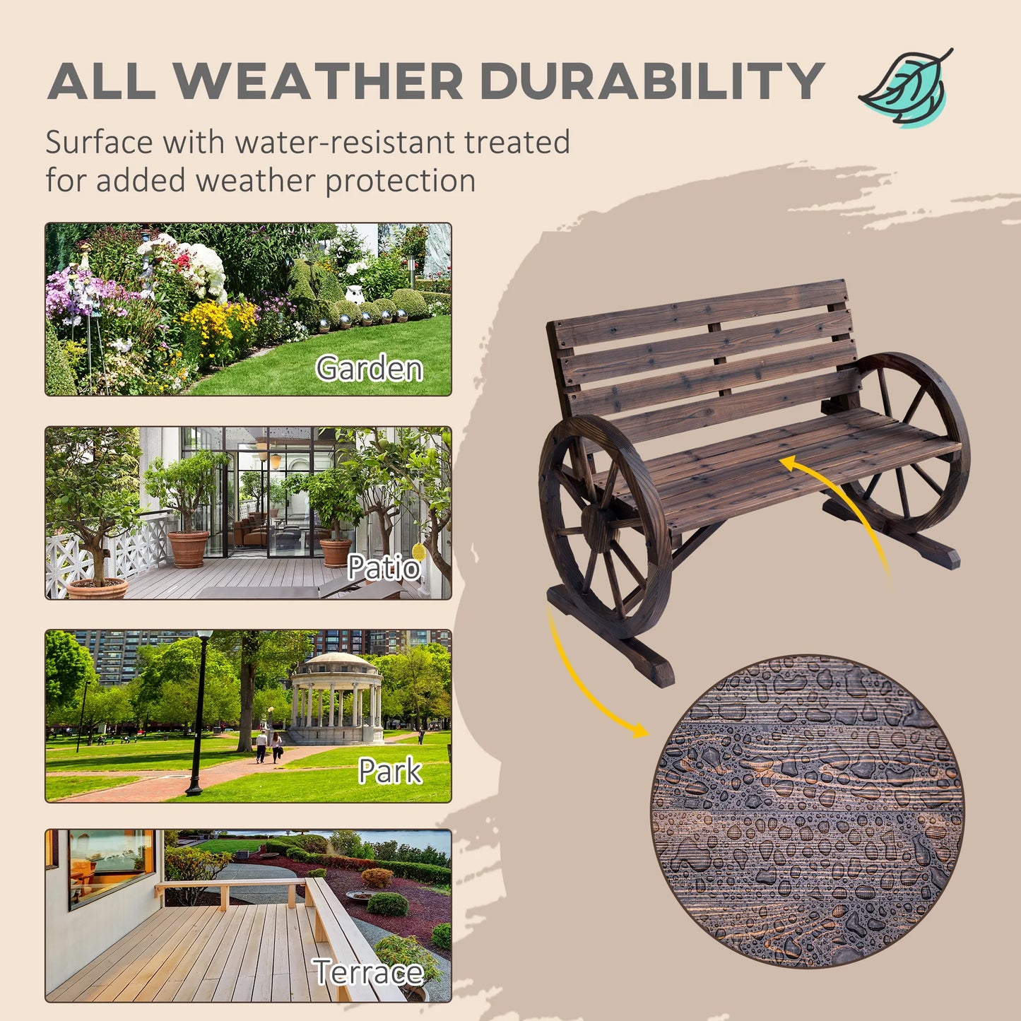 Wooden Wagon Wheel Bench, Chair Loveseat, and Carbonized