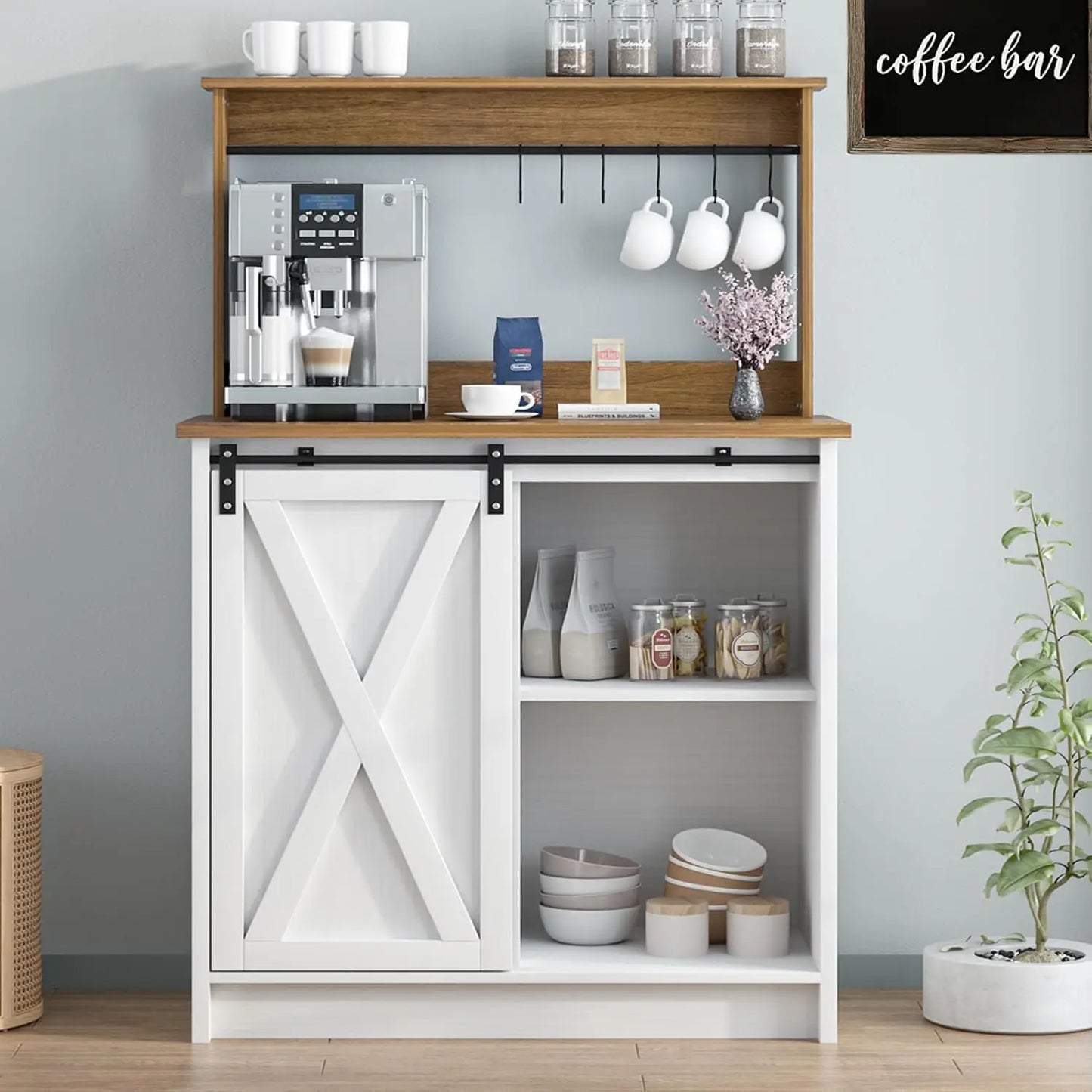 White Coffee Bar Hutch with Storage, and Sliding Barn Door.