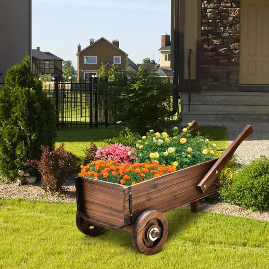 Wooden Wagon Planter Box with Wheels Handles, Drainage Hole