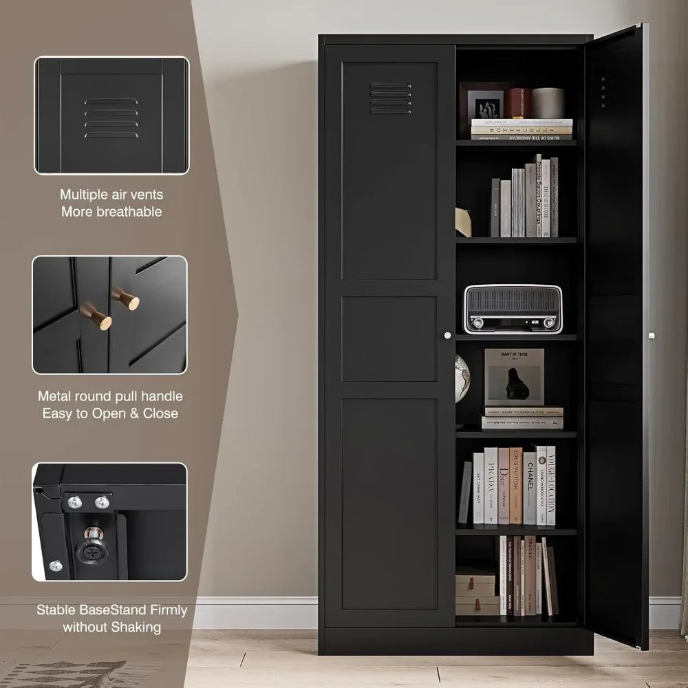 Metal Storage Cabinet with 2 Doors, 5 Adjustable Shelves 71" Black