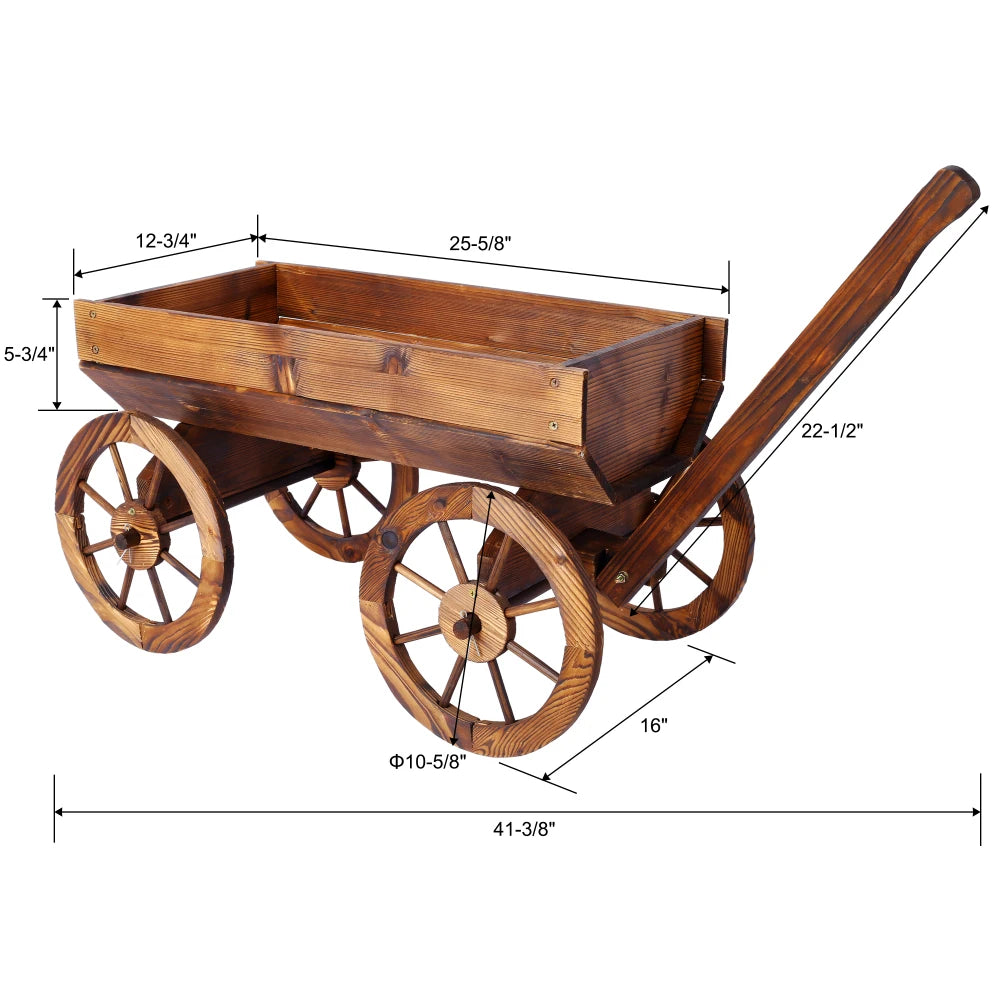 Wood Wagon Flower Planter Pot Stand W/Wheels Outdoor Decor