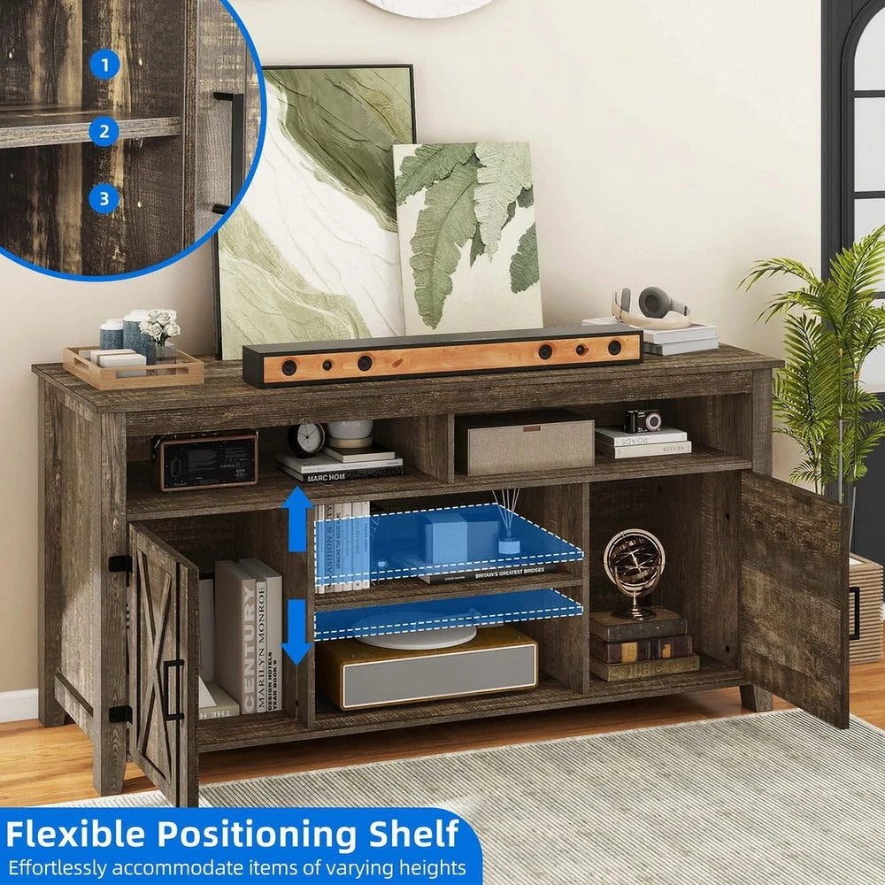Rustic Brown Farmhouse TV Stand with Adjustable Shelves Barn Doors