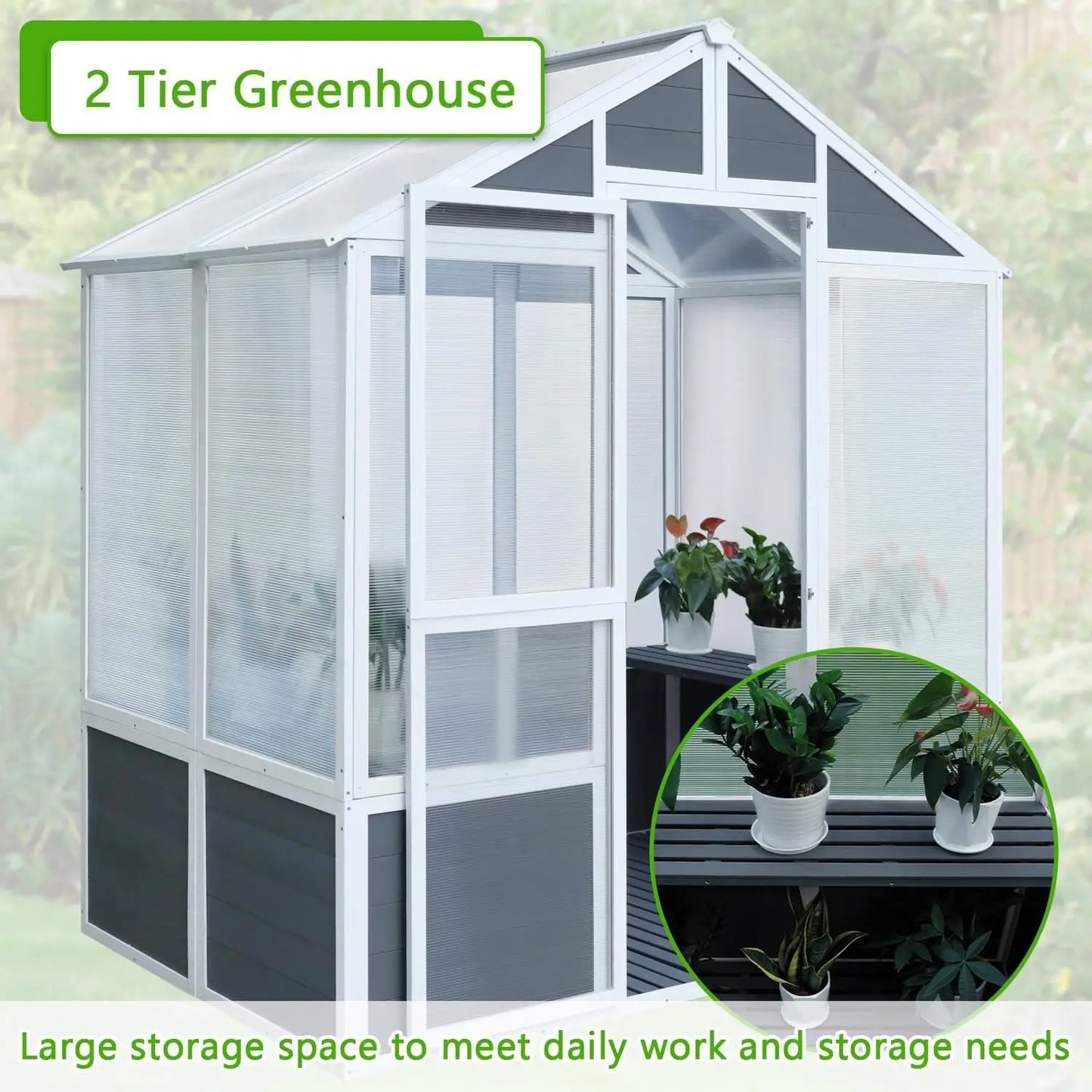 Wooden Walk-in Greenhouse Polycarbonate 2 Shelves.