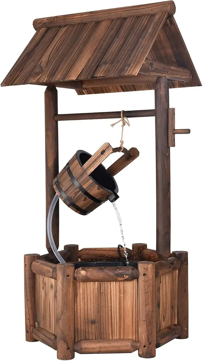 Rustic Wooden Waterfall Wishing Well Fountain with Electric Pump