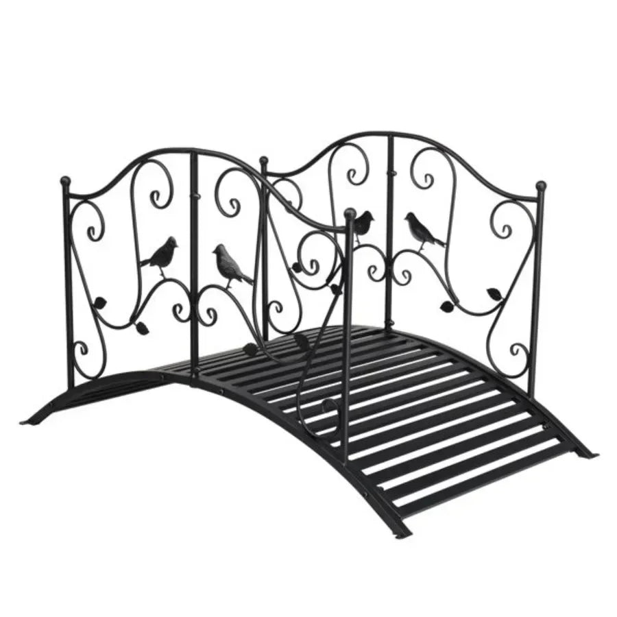 Arched Handrail Iron Bridge Black With Bird Pattern