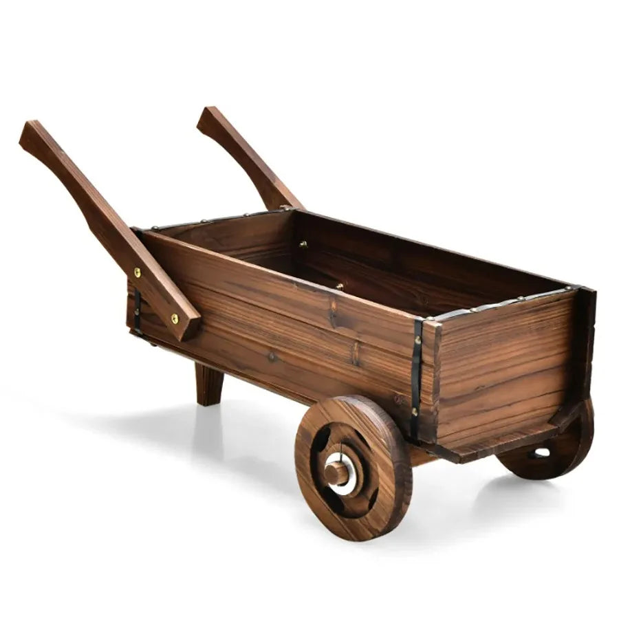 Wooden Wagon Planter Box with Wheels Handles, Drainage Hole