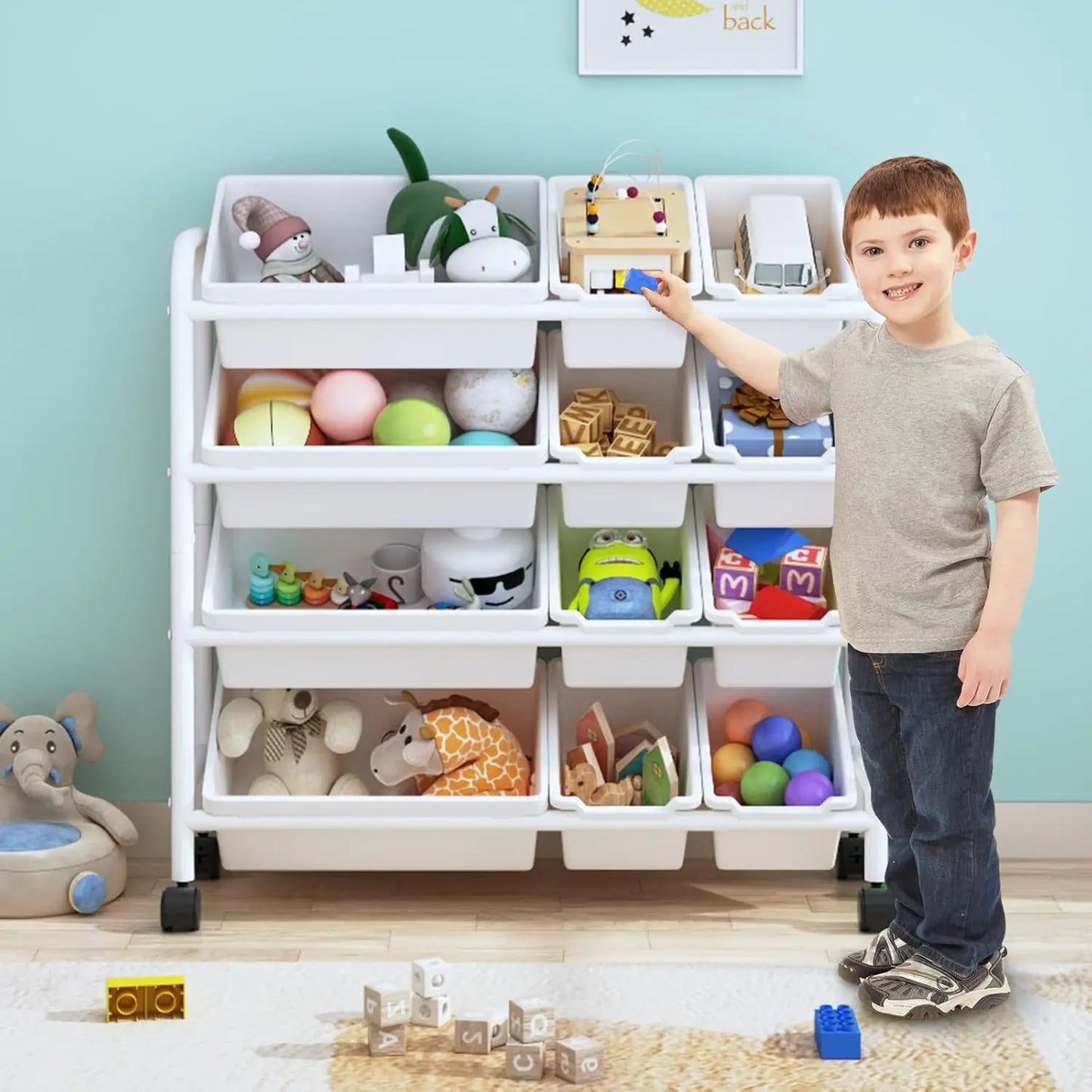 Kids Toy Storage Organizer with 12 Plastic Bins.