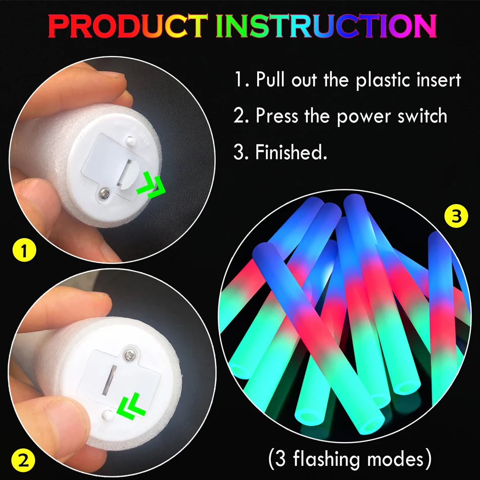 LED Foam Glow Sticks Bulk Colorful RGB Light Up Sticks
