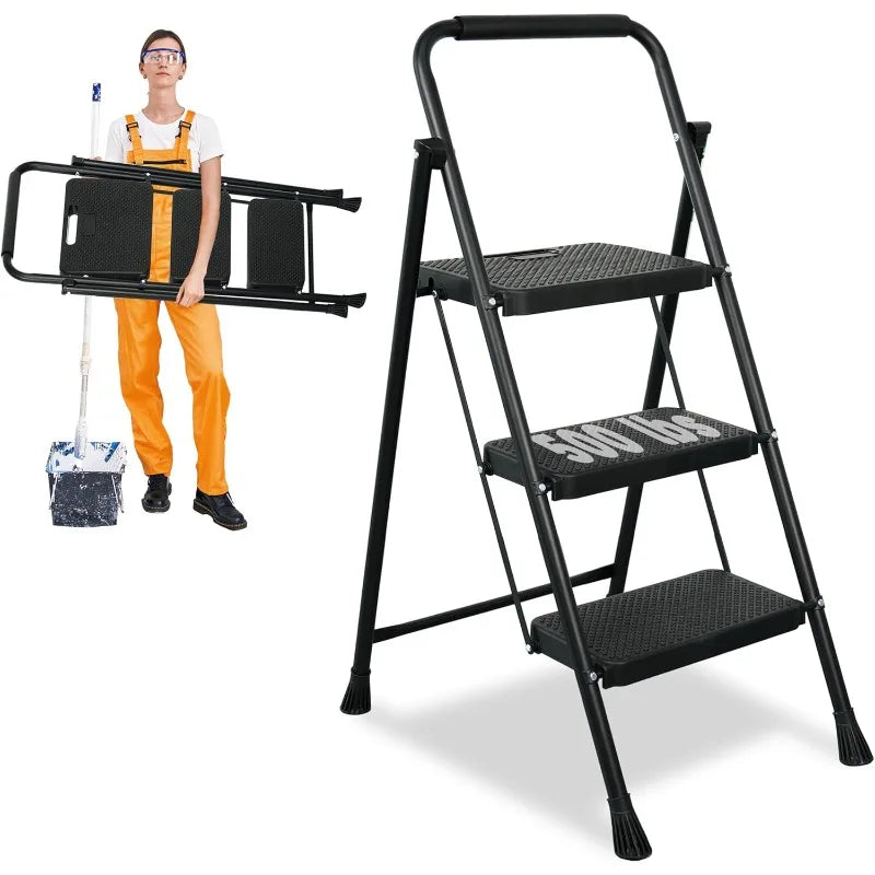 Wide Anti-Slip Pedal, 500lbs Sturdy Steel Ladder, Black