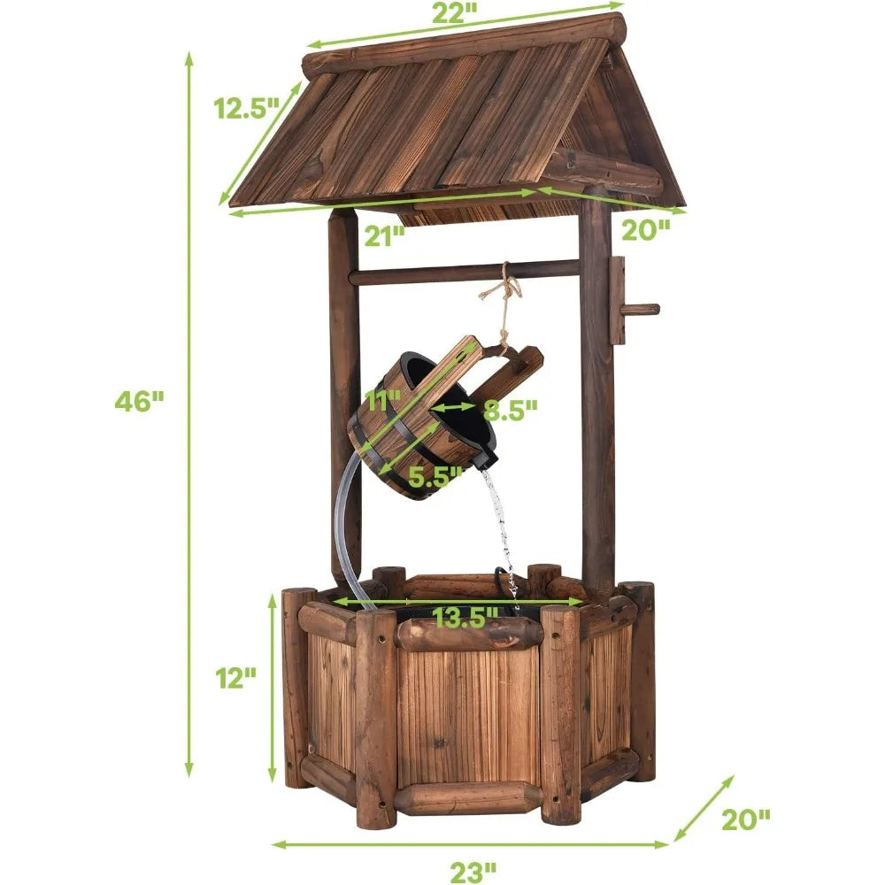 Rustic Wooden Waterfall Wishing Well Fountain with Electric Pump
