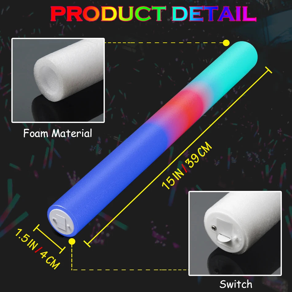LED Foam Glow Sticks Bulk Colorful RGB Light Up Sticks