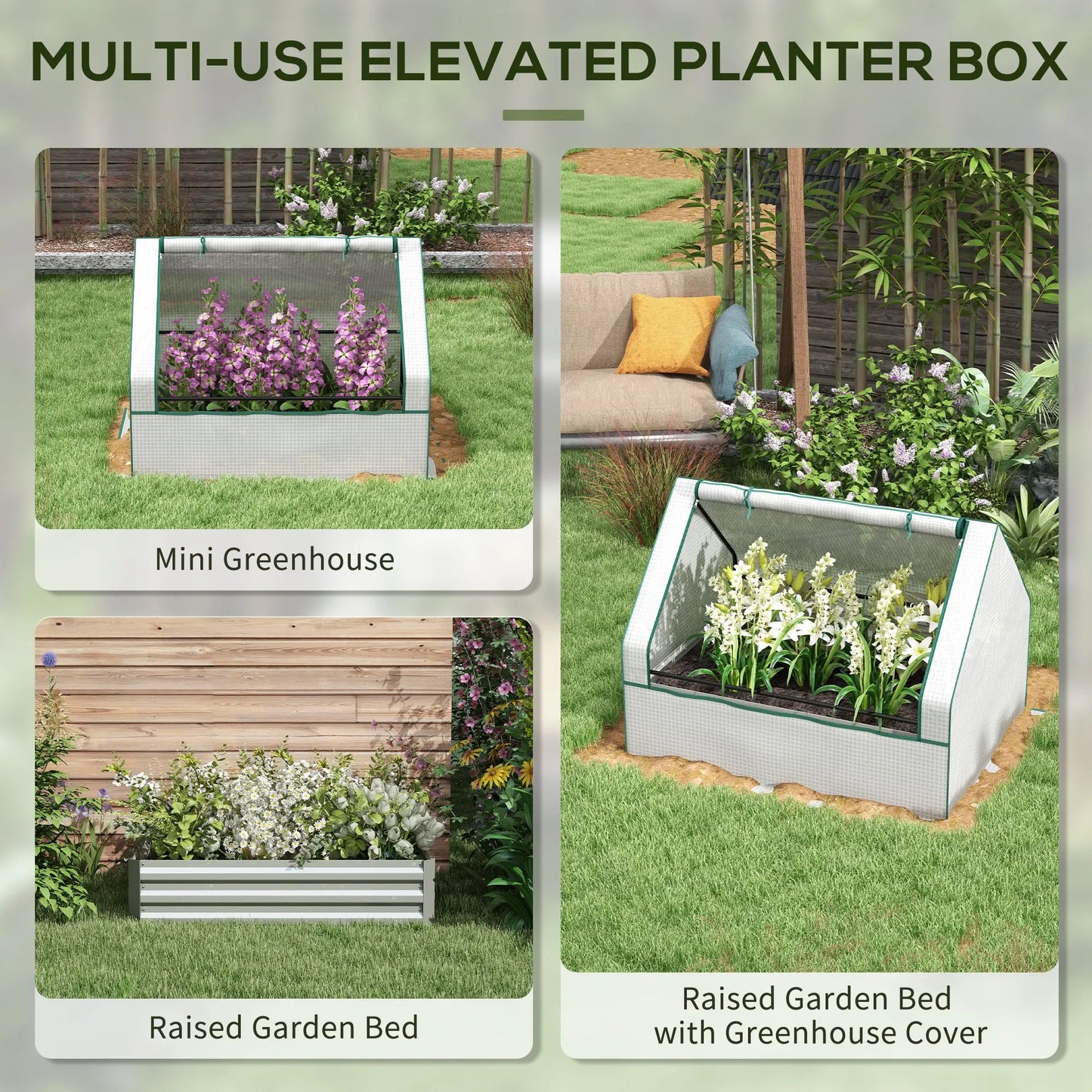 Raised Garden Bed with Small Greenhouse, White and Silver