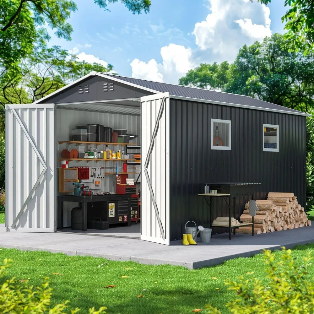 8x12 FT Metal Garden Tool Shed with windows  and lockable doors