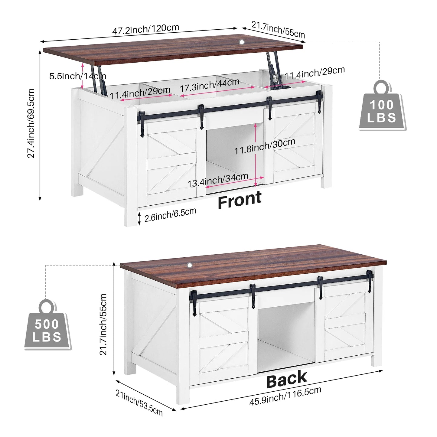47.2" Lift Top Coffee Table, Rustic Center Table w/ Hidden Storage